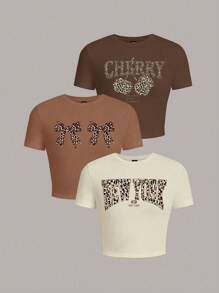 SHEIN EZwear 3 piezas Camiseta con gráfico de leopardo y letras - Multicolor - Ver 8