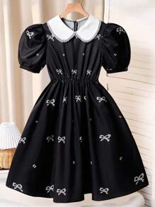 SHEIN Sukienka dziewczęca z krótkim rękawem i minimalistycznym designem do codziennego noszenia - Czarne - Zobacz 1