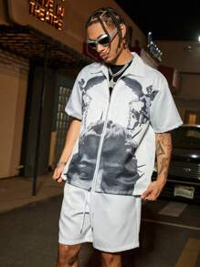 Manfinity Streetrush Conjunto de camisa para hombre Manfinity Streetrush con cremallera, corte holgado, camisa y pantalones cortos con estilo callejero y estampado de la estatua de David y querubín, regalo para novio