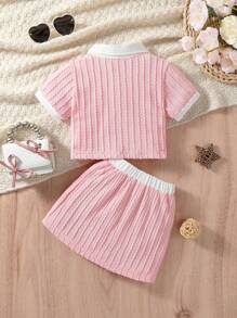2pcs Baby Girls Vertical Striped Front Button Shirt And Shorts 2 Pieces Set, Fashionable Spring/Summer