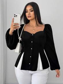 SHEIN Unity Plus Size Women's Sexy Elegant Patchwork Open Slit Long Sleeve Blouse - Black - View 1
