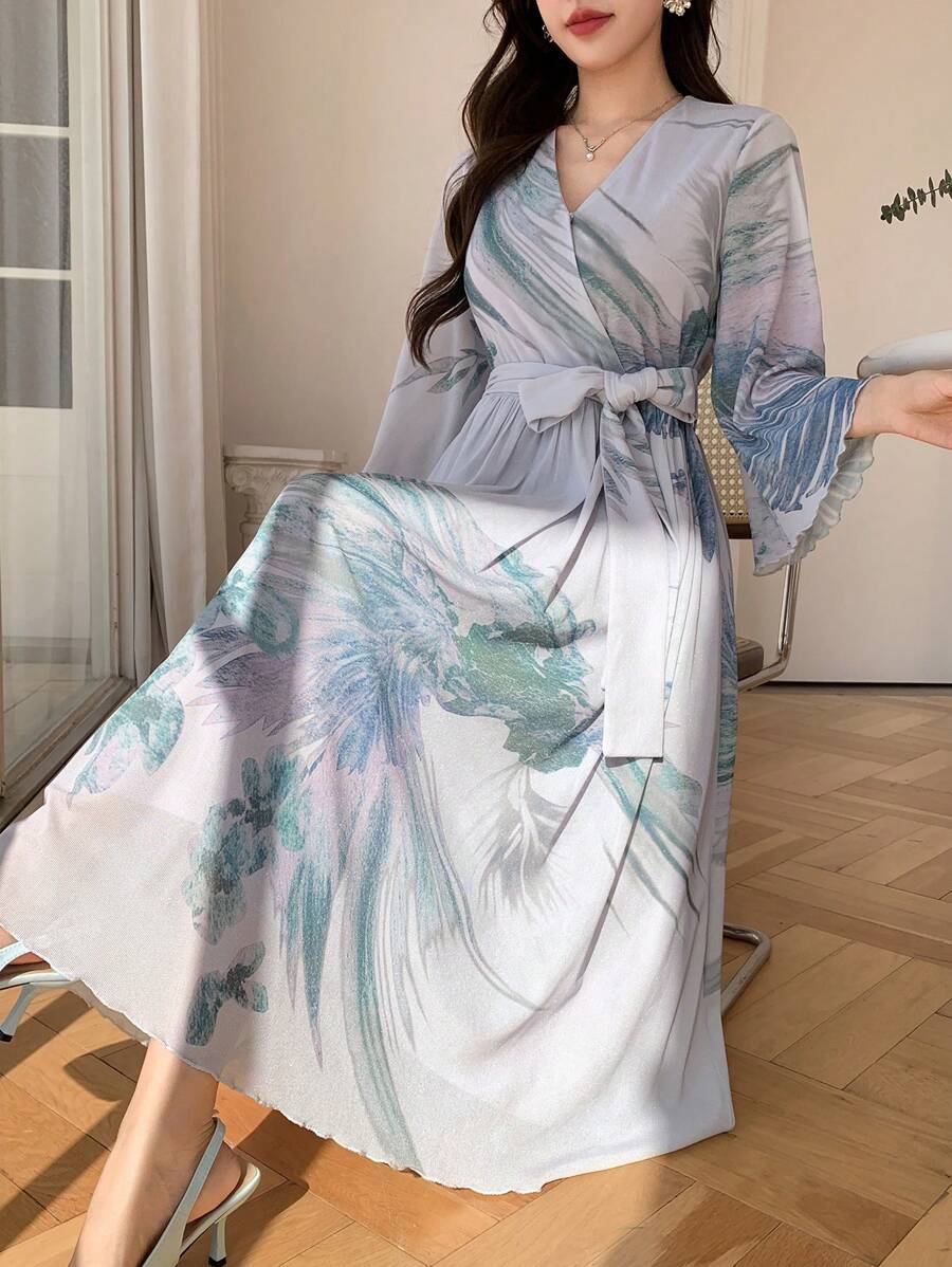 DAZY V领印花系带中长款春季连衣裙，女士秋季长袖连衣裙，复活节连衣裙 - 紫色 - 查看 1