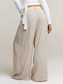 Athîral Women's Mocha Pleated Wide Leg Loose Casual Pants Commuting - Khaki - View 2