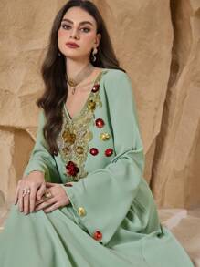 Al Najma Women's V-Neck Pullover Elegant Floral Tunic, Turkish & Arabian Traditional Long Dress, Spring/Summer, Kaftan & Jalabiya, Luxury Evening Dresses For Women - Mint Green - View 7