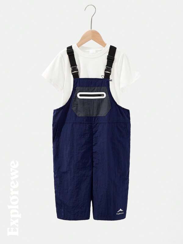 SHEIN Tween Girls' Casual Loose Colorblock Patchwork Suspender Jumpsuit