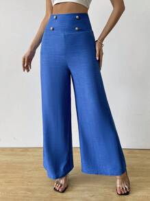 SHEIN Clasi Celana Panjang Wanita Elegan Pinggang Tinggi Slim Fit Kaki Lebar Warna Biru untuk Musim Gugur - Biru - View 1