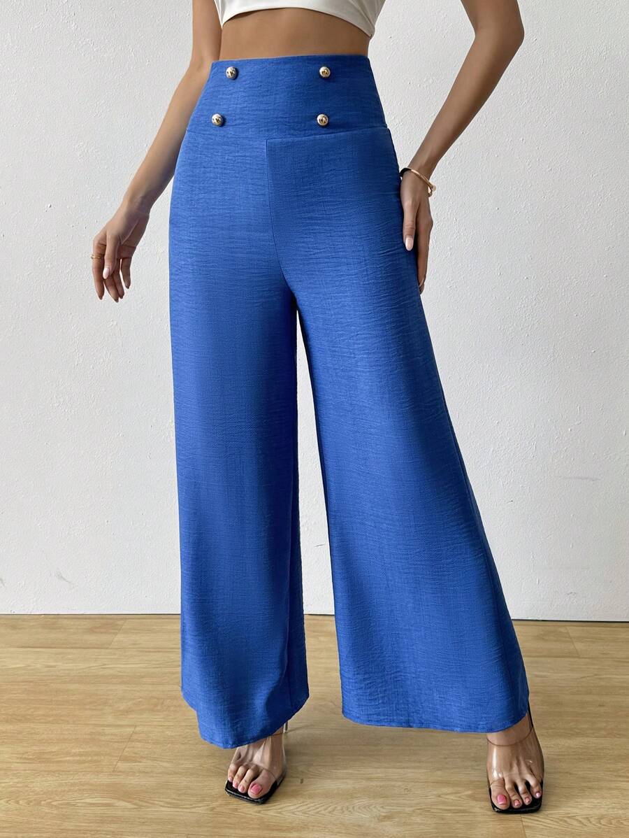 SHEIN Clasi Celana Panjang Wanita Elegan Pinggang Tinggi Slim Fit Kaki Lebar Warna Biru untuk Musim Gugur - Biru - View 1