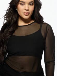 MISSGUIDED PLUS Mesh Long Sleeve Sheer Top Stretch Modern Layer See-Through Fashion Casual Party Club Statement Evening - Black - View 5