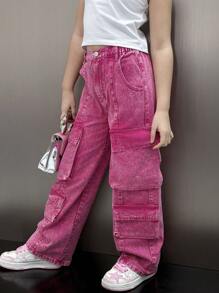 Tween Girls Y2K Style Multicolor Denim Effect Fashion Street Multi-Pocket Cargo Pants, Casual Everyday Urban Streetwear Jeans - Hot Pink - View 5