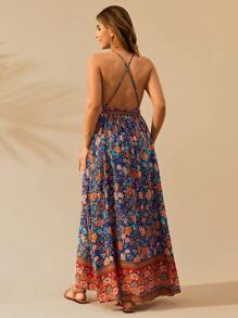 Breezaya Plus Size Women Floral Print Vintage Halter Neck Dress, Vacation Style - Multicolor - View 2