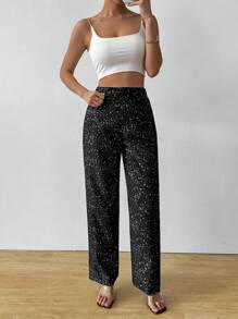SHEIN Clasi Women's Casual High Waist Silver Foil Print Pants