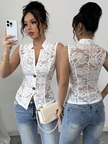 Elenzga Sheer Lace Sleeveless Vest Jacket - White - View 1