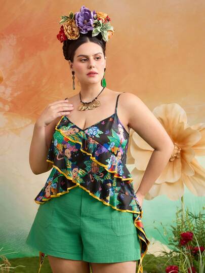Frida Kahlo X SHEIN Plus Size Women Elegant Sexy Vacation Sleeveless Asymmetric Hem Allover Print Spring Break Summer Vacation Cami Top, Spring /Summer Boho Top