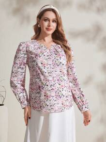 SHEIN Maternity Floral Print Notched Neck Long Sleeve Blouse - Green - View 1