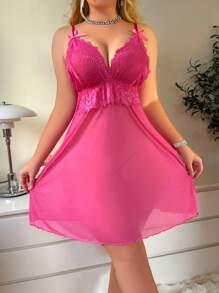 SHEIN Plus Size Lace Patchwork Minimalist Lounge Robe Set, Casual Everyday Wear - Hot Pink - View 4