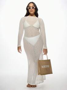MISSGUIDED PLUS Sparkly Plus Size Long Sleeve Mesh Evening Maxi Dress Transparent Glitter Party Dress Overlay With Bralette Wedding Guest Special Occasion Dress - White - View 4