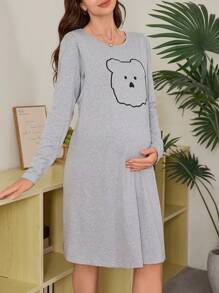Cute Bear Line Print Breastfeeding Design Maternity Long Sleeve Nightgown - Light Grey - View 5