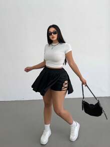 Flirla Quần short buộc dây xẻ tà thời trang xuân/hè cỡ lớn cho nữ - màu đen - Xem 4