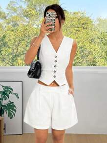 SHEIN EZwear 女式纯色口袋简约休闲长裤 - 白色 - 查看 5