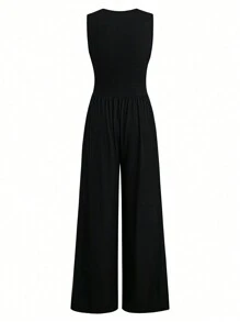 SHEIN Tall 女士休闲纯色 V 领垂褶阔腿无袖连体裤