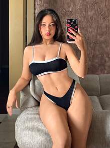 SHEIN Swim Women's Contrast Trim Sexy Bikini Set For Summer Beach Vacation - Black and White - View 6