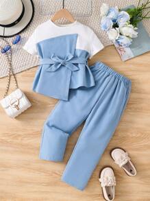 SHEIN 2pcs/Set Young Girl Knitted Colorblock Blouse And Woven Long Pants Set - Blue - View 9