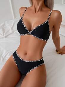 Women 2pcs/Set Khaki Solid Leopard Trim Bikini Set For Summer, For Summer Beach Vacation - Multicolor - View 1