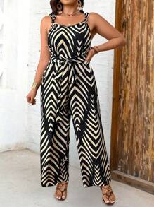 SHEIN LUNE 大码女式人字形图案腰带扭结细节休闲连体裤夏季