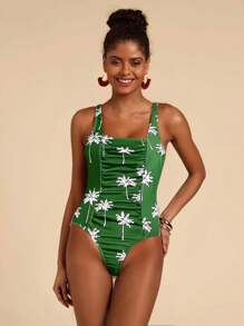 Travachic Đồ bơi liền thân không tay họa tiết hoa nhún bèo cho nữ, dành cho kỳ nghỉ hè ở bãi biển - Màu xanh lá cây đậm - Xem 1