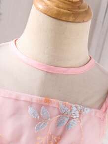 Infant/Toddler Girls Sweet Elegant Floral Embroidered Flutter Sleeve Pink Princess Dress, Casual Chic Style, Suitable For Birthday Party, Gathering Or Daily Wear, Spring/Summer New Arrival