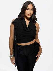 MISSGUIDED PLUS 优雅垂褶高领露背吊带上衣，大码晚宴派对夜店无袖短款衬衫，系带设计，时尚夏季上衣 - 黑色 - 查看 1