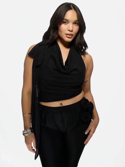 MISSGUIDED PLUS 优雅垂褶高领露背吊带上衣，大码晚宴派对夜店无袖短款衬衫，系带设计，时尚夏季上衣