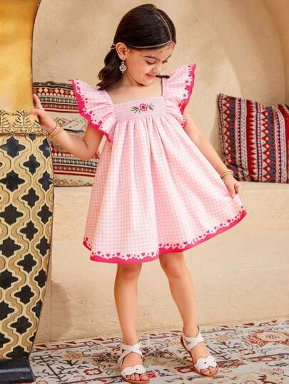 SHEIN Young Girl Floral Pattern Ruffle Sleeve Plaid Cute Casual Dress Embroidery, Embroidery, Cap Sleeves