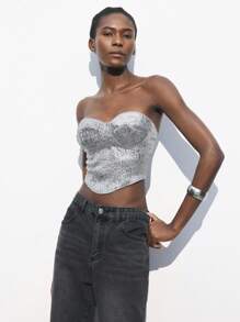 Maija Women's Asymmetrical Hem Metal Texture Cropped Bandeau Crop Top, Party Fashion Romantic, Fashion, Versatile; Suitable For Summer Vacation, Comfortable, Bohemian Style, Beach Wear, Swimsuit Cover-Up, Stylish, Elegant, Casual, , Simple Daily Wear, Country Style, Essential, Solid Color, Holiday Casual, Decent, Single Lady, Ideal For Vacation Elegant Fashion Business Casual Woman Going Out Tops Graduation Outfit European Summer Hawaii Outfits Women Summer Dresses For Women Streetwear Women Stockholm Style Teacher Outfits For Women