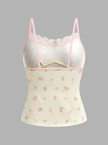 Regata Romântica de Estilo Pastoril com Renda Floral Delicada, Patchwork, Confortável e Fofa para Meninas Adolescentes