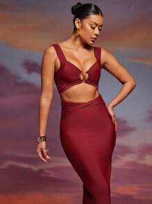 Hauture Women Solid Color Ring Connected Cropped Tank Top And Fitted Long Midi Skirt Sexy Set - Burgundy - View 2
