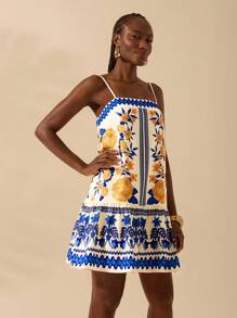 CAJUNI 女式波西米亚热带蓝黄花卉印花细肩带交叉后背短款休闲度假海滩夏季连衣裙