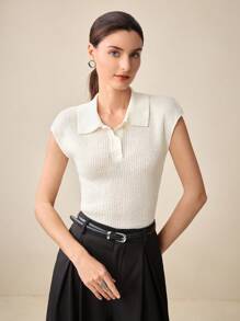 BizChic Women's Solid Color Polo Neck Short Sleeve Knit Top - White - View 2