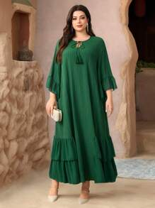 Lacomfia Plus-size dames effen kleur kwastje strik hals uitlopende mouwen Arabische stijl jurk, bescheiden