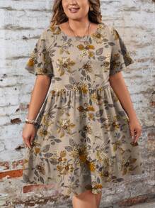 EMERY ROSE Casual & Eenvoudige Losse Ditsy Bloemen Ronde Hals Korte Mouw Plus Size Jurk, Geschikt Voor Herfst & Winter