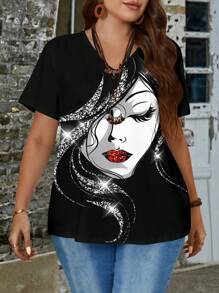 SHEIN CURVE+ Casual Minimal All-Over Print Plus Size T-Shirt - Black - View 4