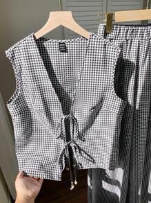 Comfortcana Conjunto de 2 piezas de mujer con blusa sin mangas con lazo frontal y pantalones de pierna ancha a cuadros