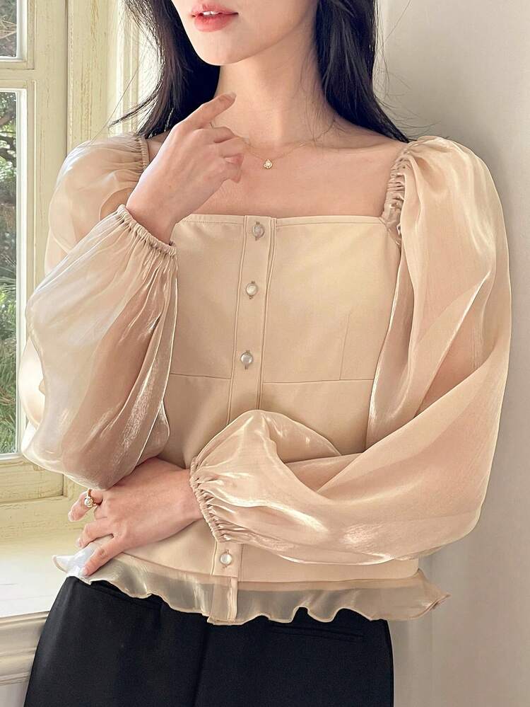 Women's Solid Color Long Sleeve Shirt, Minimalist Fashion Casual Everyday Wear,Ruffle