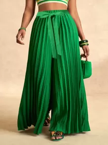 Slaydiva Quần ống rộng dài, cạp chun, buộc dây màu xanh đậm, dáng suông, xếp ly, dành cho nữ cỡ lớn, thích hợp mặc đi nghỉ mát. - màu xanh lá - Xem 1