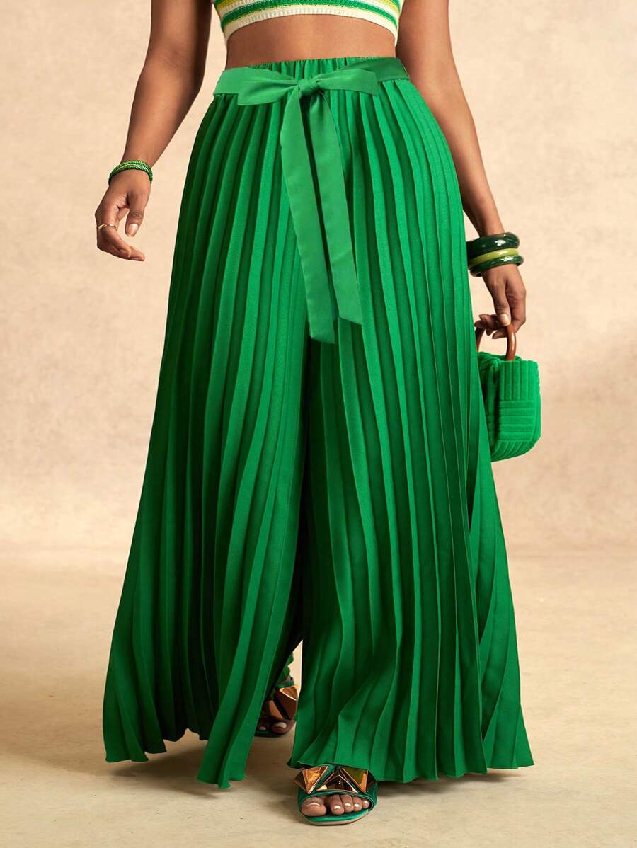 Slaydiva Quần ống rộng dài, cạp chun, buộc dây màu xanh đậm, dáng suông, xếp ly, dành cho nữ cỡ lớn, thích hợp mặc đi nghỉ mát. - màu xanh lá - Xem 1