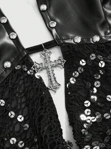 ROMWE Grunge Punk Women's Y2K Sexy Metal Cross Pendant Mesh Sequins Splice Scoop Neck Backless Tank Top