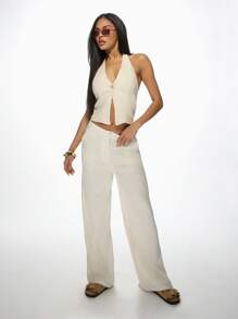 MISSGUIDED Luxury Linen Wide Leg Palazzo Pants Resort Wear Beach Vacation Summer Loungewear High Waisted Casual Elegant Trousers With Side Pockets - Apricot - View 3