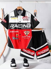 SHEIN 2pcs/Set Tween Boy Casual Korean Street Style Race Car Print Short Sleeve Shirt And Shorts Set, Suitable For Commute, School, Daily Casual Wear, Sports, Spring/Summer