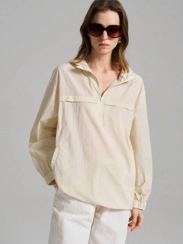 2025 New Women's Light Beige Autumn Casual Occasion Sun Protective Suit,Urban Outdoor Festival Hooded Pullover Zipper Elastic Cuff Daily Clothing