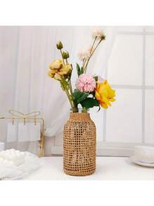 1pc Woven Cylindrical Glass Vase, Home Desktop Decorative Planter - Brown - View 4